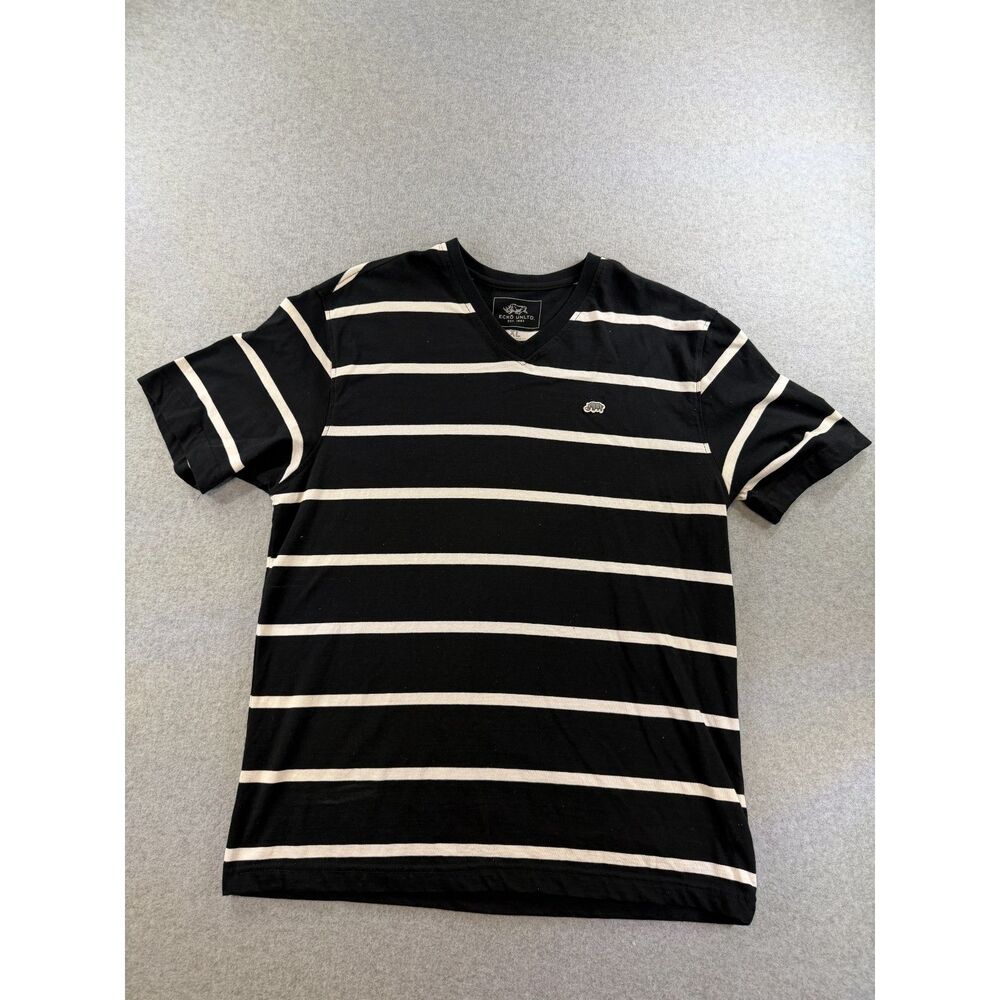 Ecko Unltd Men's XL Black White Striped V-Neck T-Shirt Short Sleeve Logo